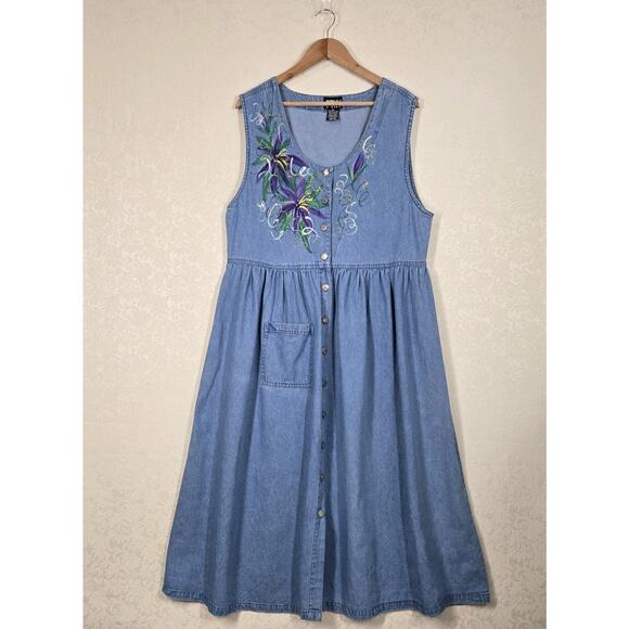 VTG PTNY Denim Jean Midi Dress Jumper XL Blue Cotton Sleeveless Painted Design - Picture 16 of 16